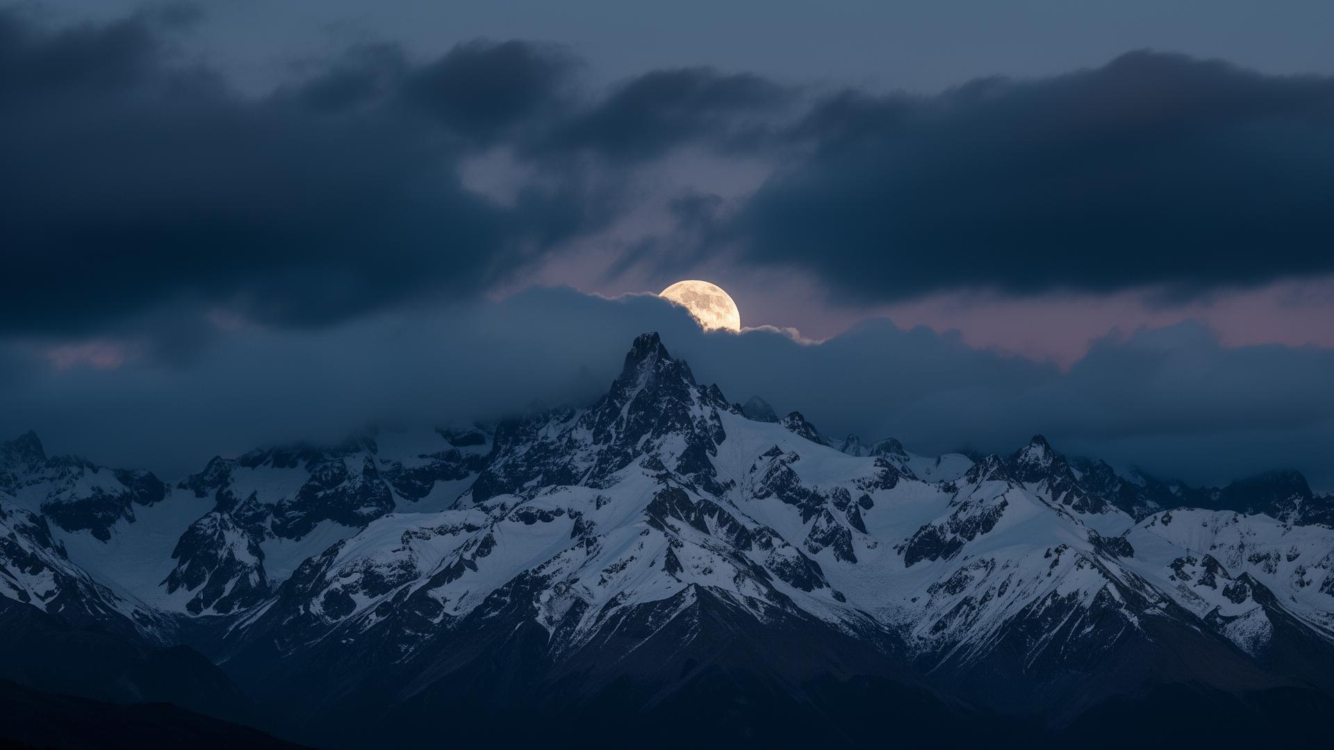 Picos nevados da Cordilheira ao crepúsculo, com a lua sobre Bariloche